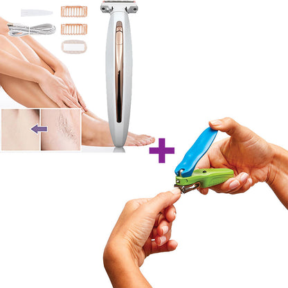 Pack Depiladora Afeitadora y Recortadora Bikini RECARGABLE USB & Cortauñas Con Luz